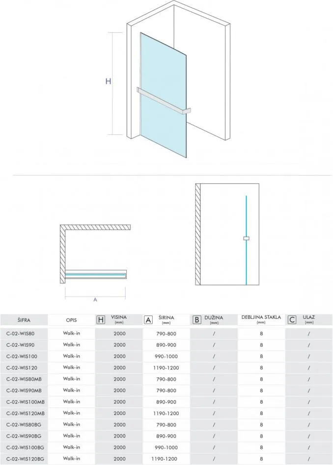 Walk-in COPEN MONTE SUPERIORE 900x2000. 8mm staklo. polica i držač | hrom - Slika 2