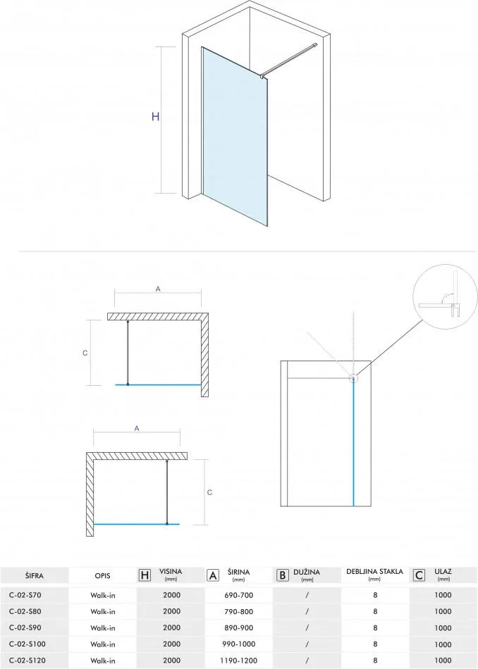 Walk-in COPEN MONTE 120x200cm 8mm staklo - Slika 4