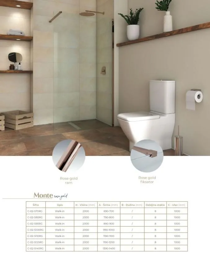 Walk-in COPEN MONTE 1100x2000 8mm staklo. rose gold - Slika 2